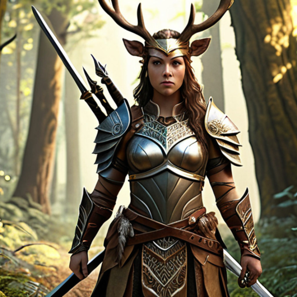 **

A character design illustration featuring a confident female warrior with detailed armor and sword. The character should incorporate natural elements like leaves woven into her armor and antlers as part of her helmet design. The color palette should be earthy tones with hints of metallic silver and gold. The background should be a mystical forest with glowing flora.

**