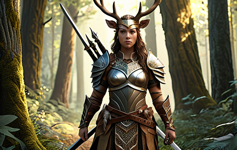**

A character design illustration featuring a confident female warrior with detailed armor and sword. The character should incorporate natural elements like leaves woven into her armor and antlers as part of her helmet design. The color palette should be earthy tones with hints of metallic silver and gold. The background should be a mystical forest with glowing flora.

**