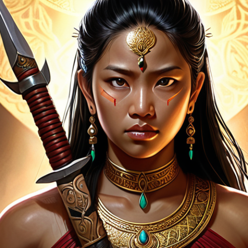 A breathtaking digital painting of a resilient female warrior, inspired by Malaysian legends. She emanates both strength and a subtle, compassionate soul through her expressive eyes and determined posture. Her attire subtly reflects endurance with intricate, culturally-inspired details. The artwork should convey a deep narrative and a vibrant personality, bringing the character to life beyond a static image. Highly detailed, soulful digital illustration with emotive lighting.
