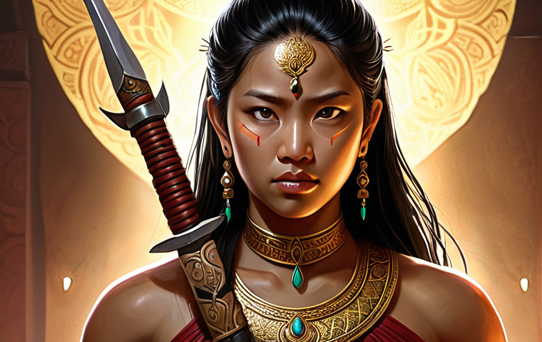 A breathtaking digital painting of a resilient female warrior, inspired by Malaysian legends. She emanates both strength and a subtle, compassionate soul through her expressive eyes and determined posture. Her attire subtly reflects endurance with intricate, culturally-inspired details. The artwork should convey a deep narrative and a vibrant personality, bringing the character to life beyond a static image. Highly detailed, soulful digital illustration with emotive lighting.