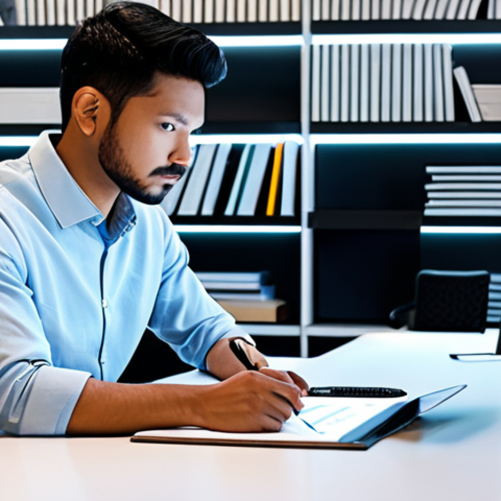 A professional character designer, a person of ambiguous ethnicity, is depicted in a brightly lit, modern design studio. They are seated at a large, ergonomic desk, with a sleek, translucent screen displaying intricate 3D character models and generative AI art concepts. On the desk, a traditional sketchbook and drawing tablet lie next to each other, symbolizing the fusion of traditional craftsmanship and cutting-edge technology. The designer is looking contemplatively at the screen, a thoughtful expression on their face, fully clothed in a stylish yet modest business casual outfit. The background features shelving with design books and a subtle, abstract representation of digital data flow. This image captures the essence of human creativity adapting to new technological frontiers. safe for work, appropriate content, fully clothed, professional, perfect anatomy, correct proportions, natural pose, well-formed hands, proper finger count, natural body proportions, professional photography, high quality.