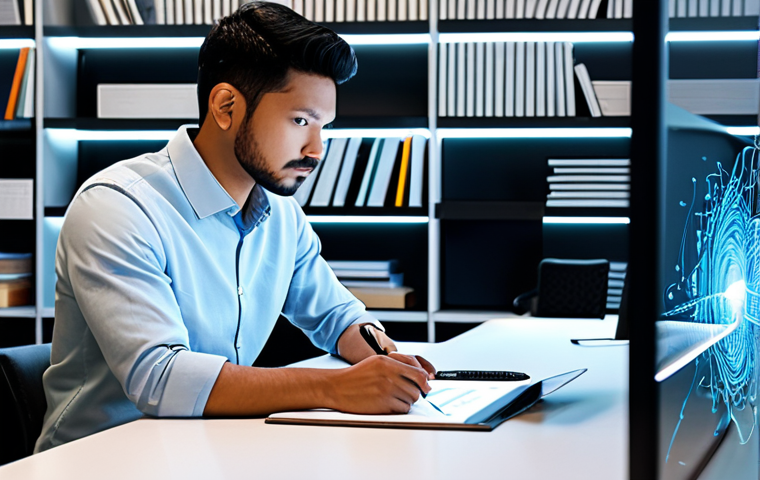 A professional character designer, a person of ambiguous ethnicity, is depicted in a brightly lit, modern design studio. They are seated at a large, ergonomic desk, with a sleek, translucent screen displaying intricate 3D character models and generative AI art concepts. On the desk, a traditional sketchbook and drawing tablet lie next to each other, symbolizing the fusion of traditional craftsmanship and cutting-edge technology. The designer is looking contemplatively at the screen, a thoughtful expression on their face, fully clothed in a stylish yet modest business casual outfit. The background features shelving with design books and a subtle, abstract representation of digital data flow. This image captures the essence of human creativity adapting to new technological frontiers. safe for work, appropriate content, fully clothed, professional, perfect anatomy, correct proportions, natural pose, well-formed hands, proper finger count, natural body proportions, professional photography, high quality.