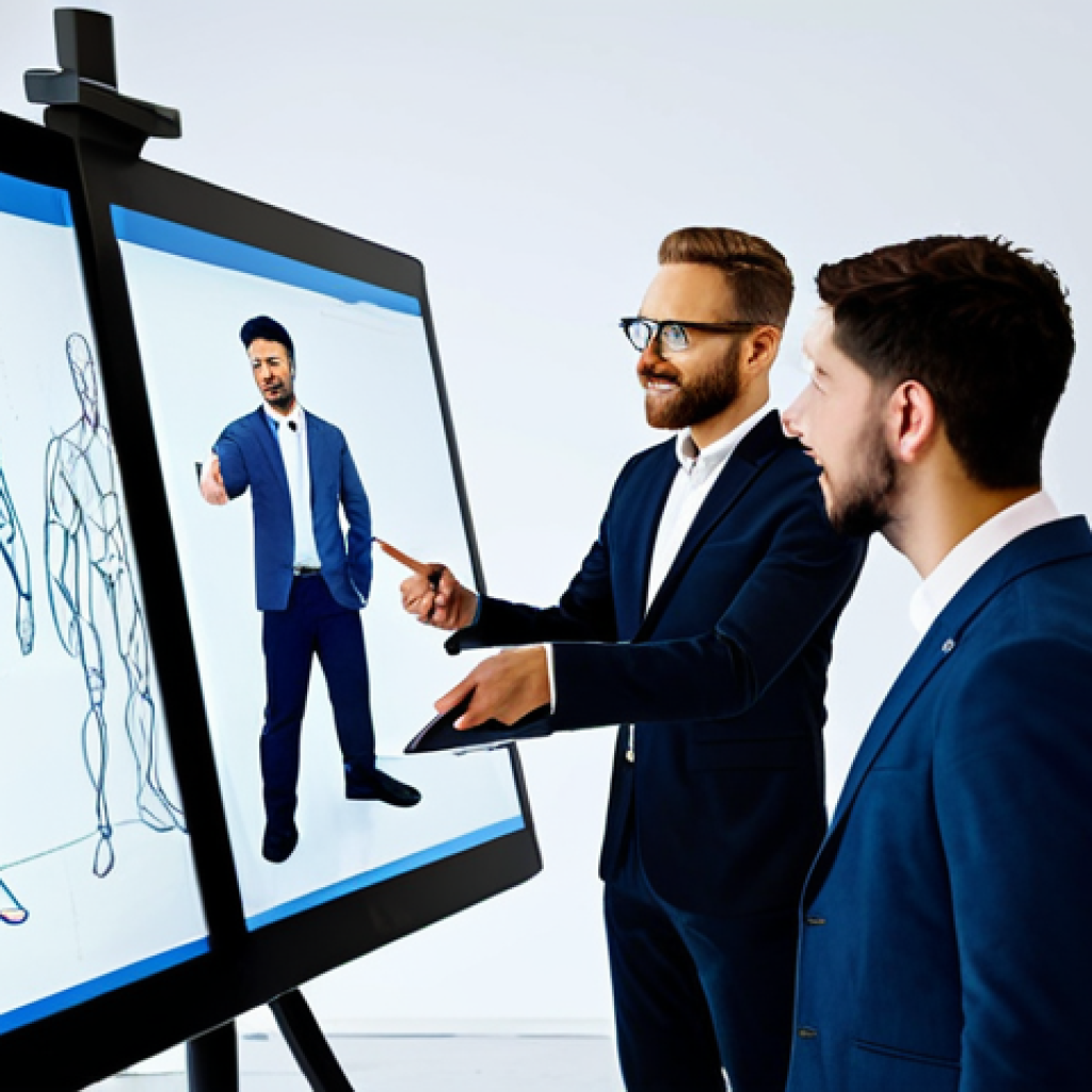 A diverse team of professional digital artists and designers, fully clothed in modest business casual attire, collaboratively gathered around a large interactive screen in a modern, brightly lit design studio. The screen displays a sophisticated 3D character model in various stages of development. One artist points at the screen, another sketches on a tablet, and others are engaged in discussion, demonstrating teamwork and shared vision. The scene emphasizes seamless communication and creative synergy. safe for work, appropriate content, perfect anatomy, correct proportions, natural pose, well-formed hands, proper finger count, natural body proportions, professional dress, high quality, professional photography, studio lighting.