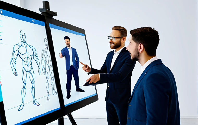 A diverse team of professional digital artists and designers, fully clothed in modest business casual attire, collaboratively gathered around a large interactive screen in a modern, brightly lit design studio. The screen displays a sophisticated 3D character model in various stages of development. One artist points at the screen, another sketches on a tablet, and others are engaged in discussion, demonstrating teamwork and shared vision. The scene emphasizes seamless communication and creative synergy. safe for work, appropriate content, perfect anatomy, correct proportions, natural pose, well-formed hands, proper finger count, natural body proportions, professional dress, high quality, professional photography, studio lighting.