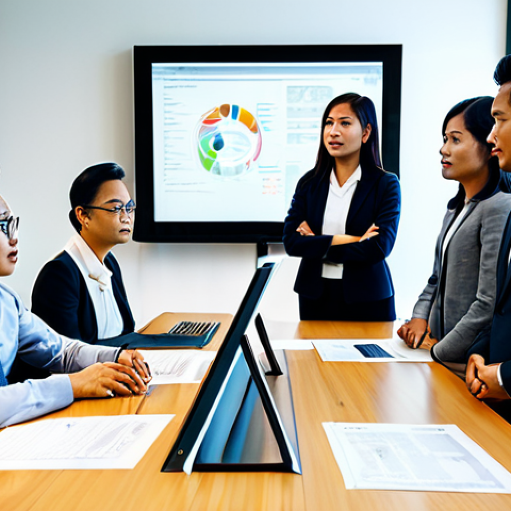 A diverse group of professional Malaysian creatives, including a character artist, a scriptwriter, and a business strategist, all fully clothed in modest business attire, gathered around a modern conference table in a well-lit, contemporary Malaysian office. They are intently reviewing concept art for a new character on a large display screen and discussing intellectual property documents. The atmosphere is collaborative and professional, emphasizing strategic agreement and partnership. Perfect anatomy, correct proportions, natural poses, well-formed hands, proper finger count. Professional photography, high-resolution, clear focus, appropriate content, safe for work, family-friendly.