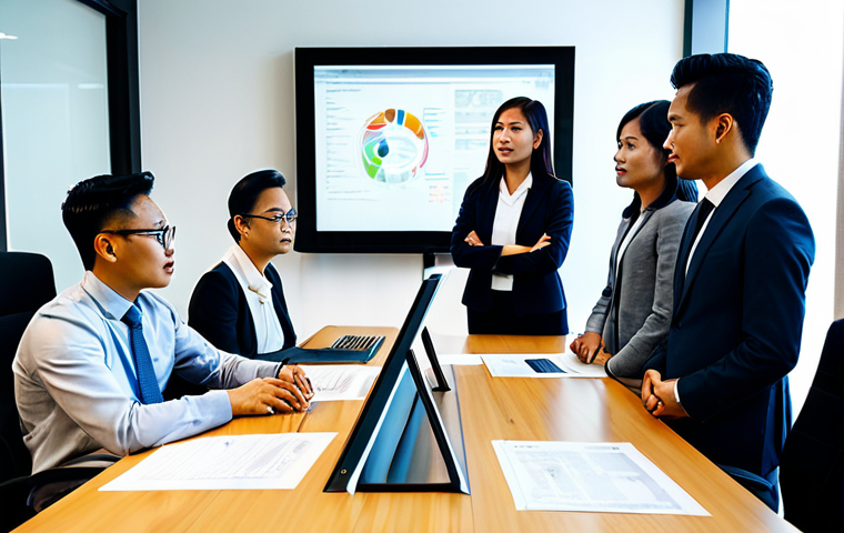 A diverse group of professional Malaysian creatives, including a character artist, a scriptwriter, and a business strategist, all fully clothed in modest business attire, gathered around a modern conference table in a well-lit, contemporary Malaysian office. They are intently reviewing concept art for a new character on a large display screen and discussing intellectual property documents. The atmosphere is collaborative and professional, emphasizing strategic agreement and partnership. Perfect anatomy, correct proportions, natural poses, well-formed hands, proper finger count. Professional photography, high-resolution, clear focus, appropriate content, safe for work, family-friendly.