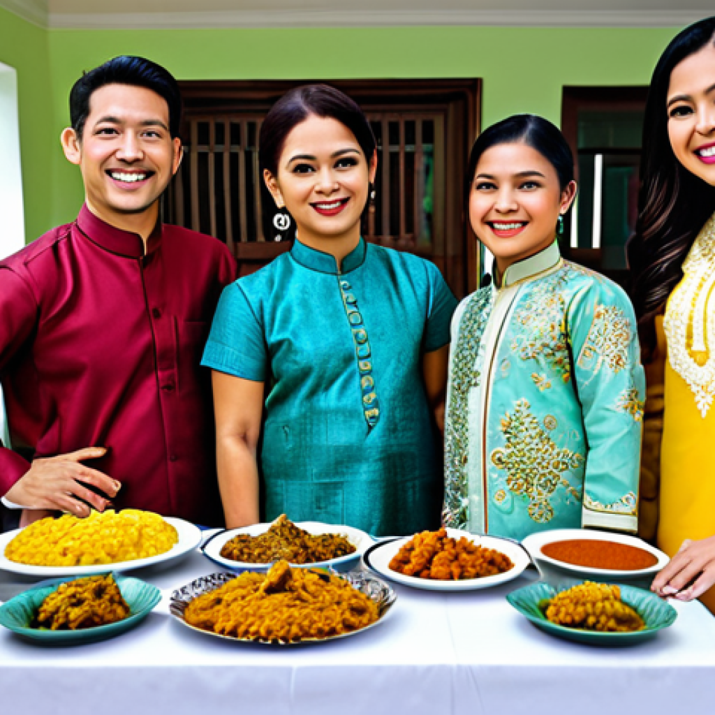 **

"A vibrant and colorful scene of a Hari Raya open house in Malaysia. A family, fully clothed in traditional Baju Kurung and Baju Melayu, are smiling and welcoming guests. Delicious Malay dishes like rendang, ketupat, and kuih are displayed on a table. The background features a beautifully decorated home with festive lights and decorations. Safe for work, appropriate content, fully clothed, family-friendly, professional photography, perfect anatomy, natural proportions, high quality."

**