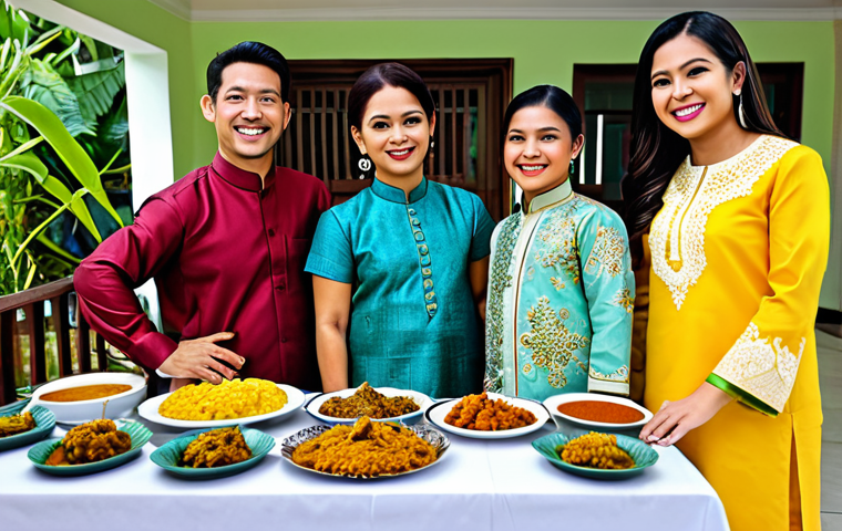 **

"A vibrant and colorful scene of a Hari Raya open house in Malaysia. A family, fully clothed in traditional Baju Kurung and Baju Melayu, are smiling and welcoming guests. Delicious Malay dishes like rendang, ketupat, and kuih are displayed on a table. The background features a beautifully decorated home with festive lights and decorations. Safe for work, appropriate content, fully clothed, family-friendly, professional photography, perfect anatomy, natural proportions, high quality."

**