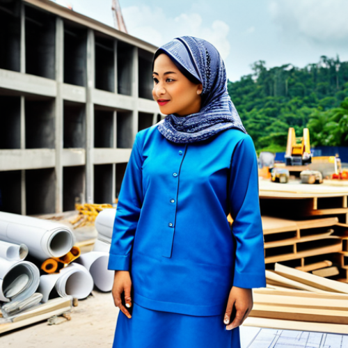 A Malaysian Architect**

"A professional female architect, fully clothed in a modest baju kurung and headscarf, reviewing blueprints on a construction site in Kuala Lumpur, appropriate attire, safe for work, perfect anatomy, natural proportions, architectural photography, high quality, family-friendly."

**