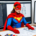 Colour Psychology and Character Design**

"A digital illustration showcasing a character design workspace. On a large monitor, a character designer is working on a female superhero character concept art. The character design on screen prominently displays a vibrant colour palette of blues, yellows, and reds, signifying courage and optimism. The character should be fully clothed in a modern, functional superhero suit. The workspace is brightly lit, with sketches and colour swatches scattered on the desk. In the background, examples of colour psychology in successful character design. Safe for work, appropriate content, perfect anatomy, correct proportions, well-formed hands, natural body proportions, professional illustration, family-friendly."

**