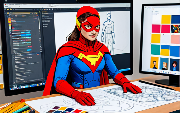 Colour Psychology and Character Design**

"A digital illustration showcasing a character design workspace. On a large monitor, a character designer is working on a female superhero character concept art. The character design on screen prominently displays a vibrant colour palette of blues, yellows, and reds, signifying courage and optimism. The character should be fully clothed in a modern, functional superhero suit. The workspace is brightly lit, with sketches and colour swatches scattered on the desk. In the background, examples of colour psychology in successful character design. Safe for work, appropriate content, perfect anatomy, correct proportions, well-formed hands, natural body proportions, professional illustration, family-friendly."

**