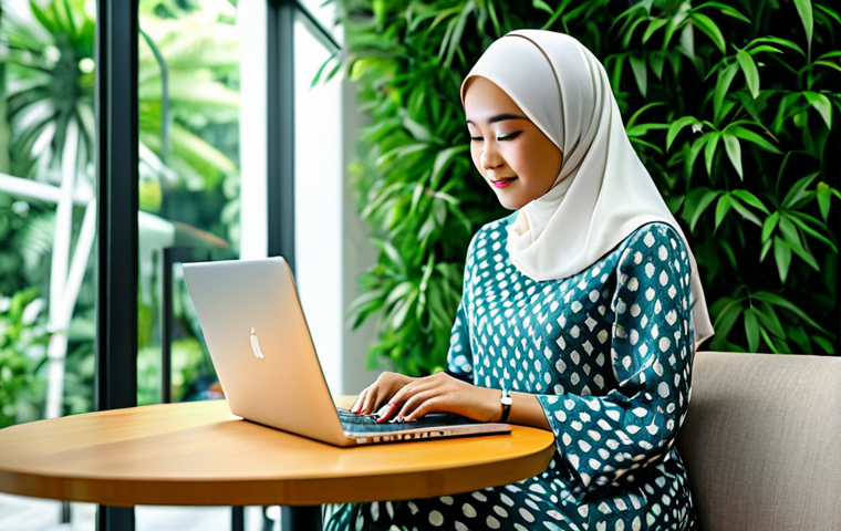 **

"A young, professional Malaysian woman, fully clothed in a modest and stylish baju kurung, working on a laptop at a modern co-working space in Kuala Lumpur, surrounded by lush greenery, safe for work, appropriate content, perfect anatomy, natural proportions, professional photography, high quality, family-friendly."

**